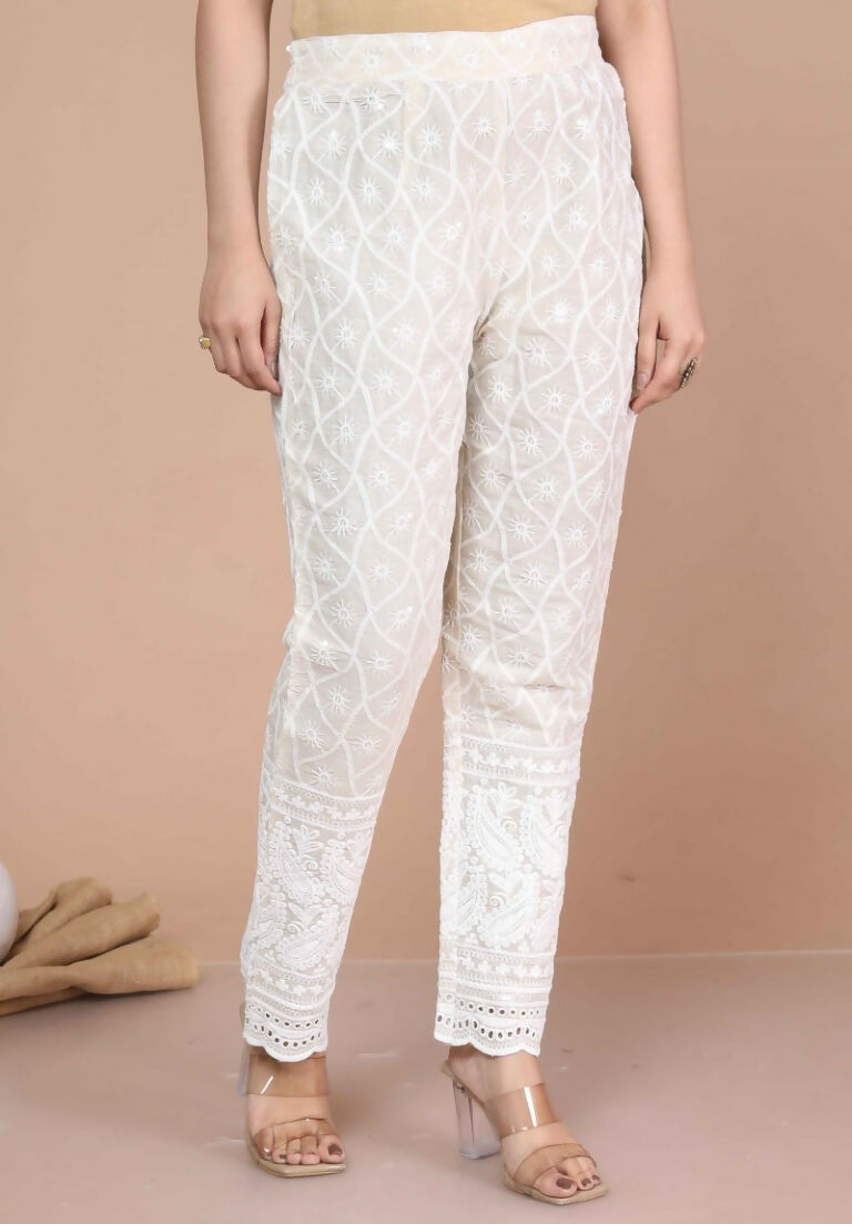 Miravan Women's Chikankari Cream Kurti Palazzo With Dupatta