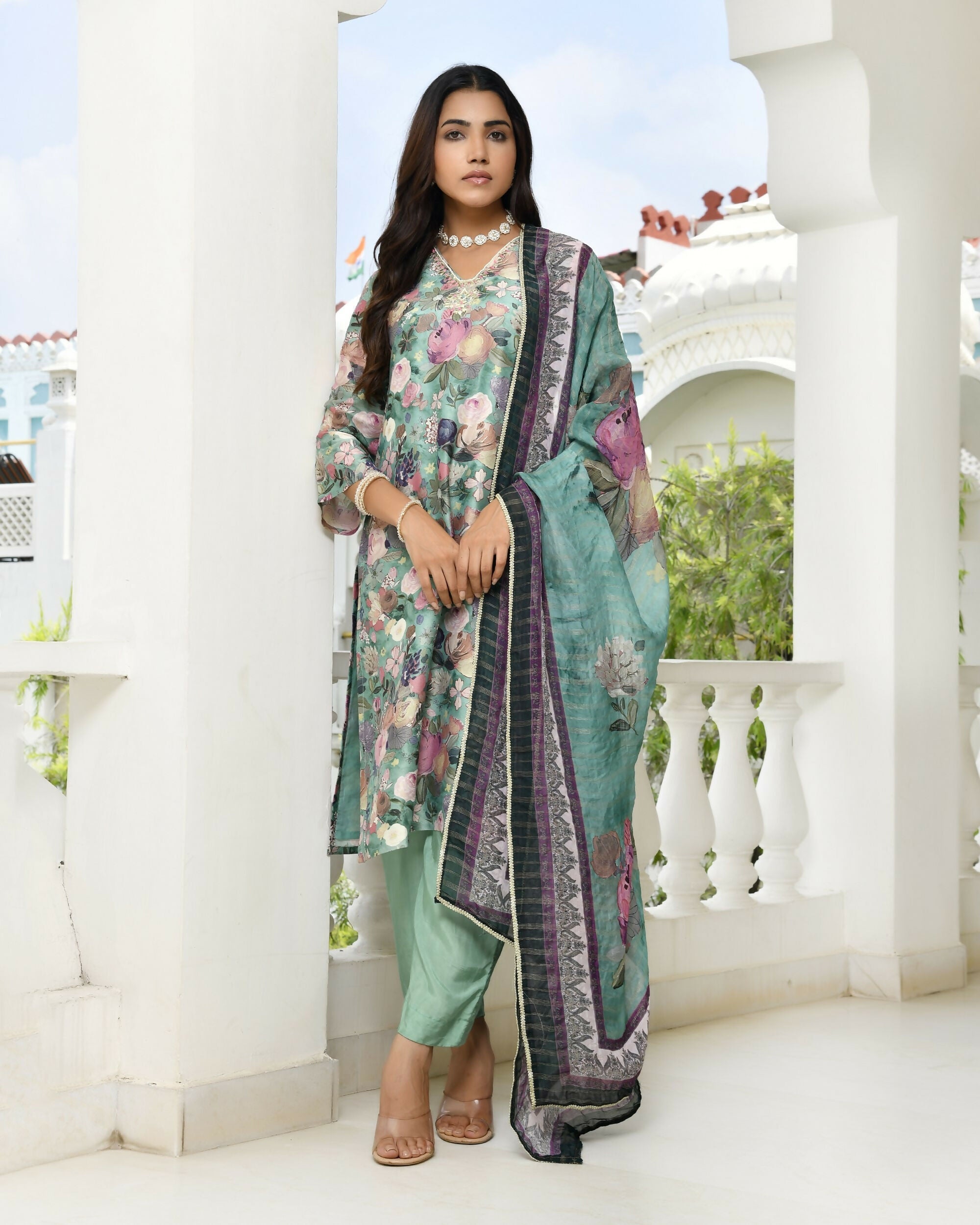 Vaasva Women's Green Tissue Gota Embroidered Suit Set With Solid Pant And Embroidered Dupatta
