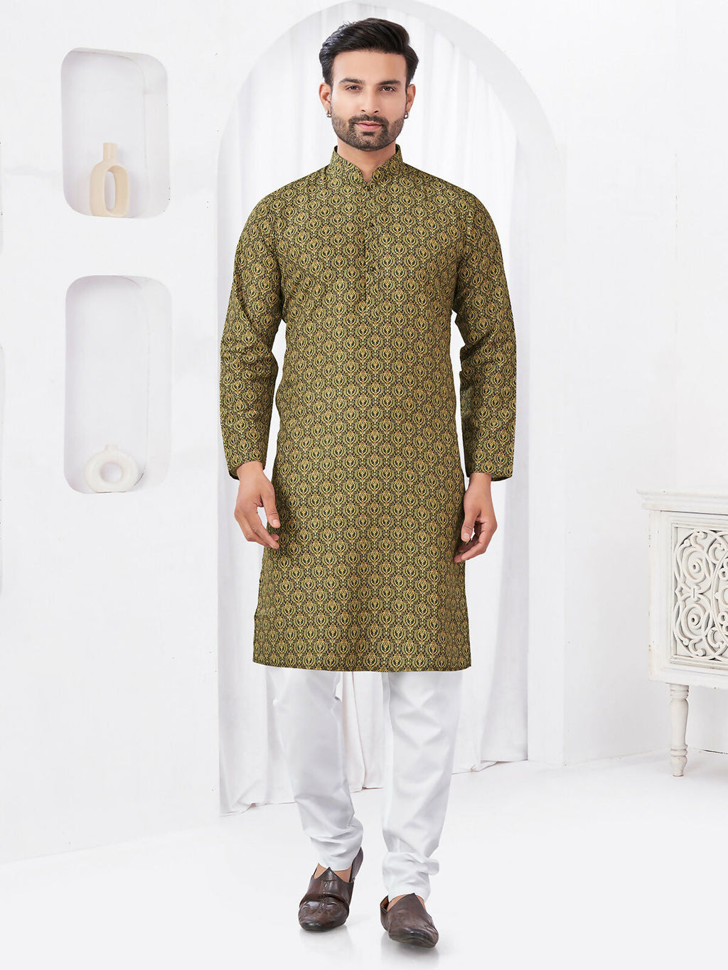 Joban Fashion Men's Rayon Cotton Olive Printed Kurta Pyjama set