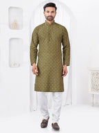 Joban Fashion Men's Rayon Cotton Olive Printed Kurta Pyjama set