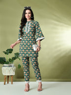 Myshka Women's Cotton Printed Co-ord set in Green Color