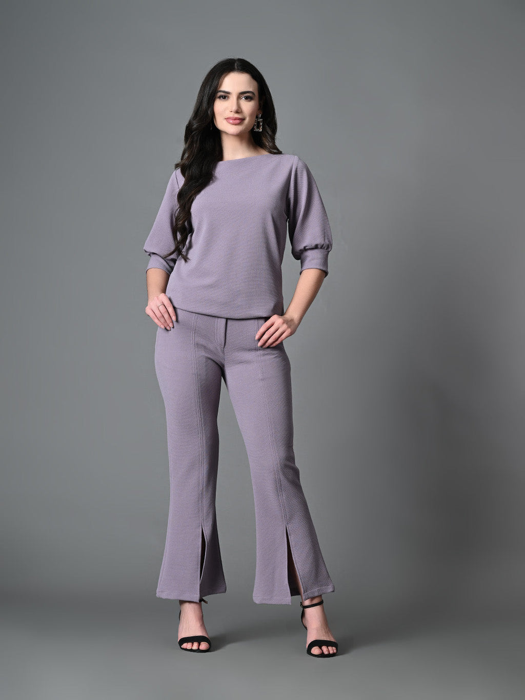 Myshka Lavender Solid Boat Neck Casual Top With Trousers Co-ord set