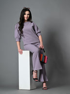 Myshka Lavender Solid Boat Neck Casual Top With Trousers Co-ord set