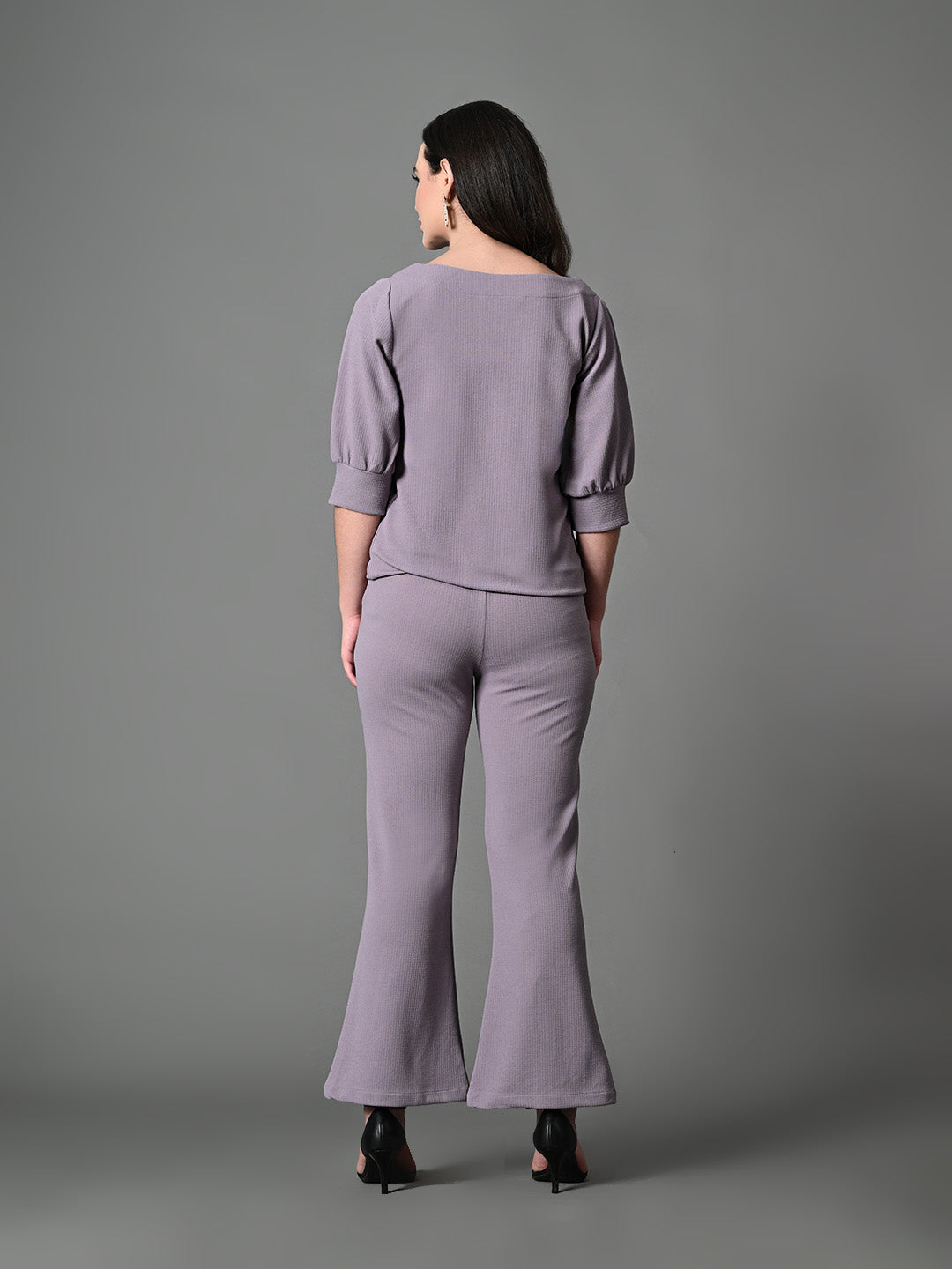 Myshka Lavender Solid Boat Neck Casual Top With Trousers Co-ord set