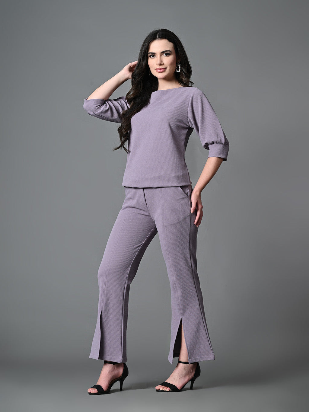 Myshka Lavender Solid Boat Neck Casual Top With Trousers Co-ord set