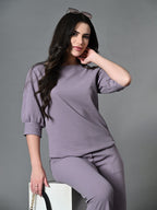 Myshka Lavender Solid Boat Neck Casual Top With Trousers Co-ord set