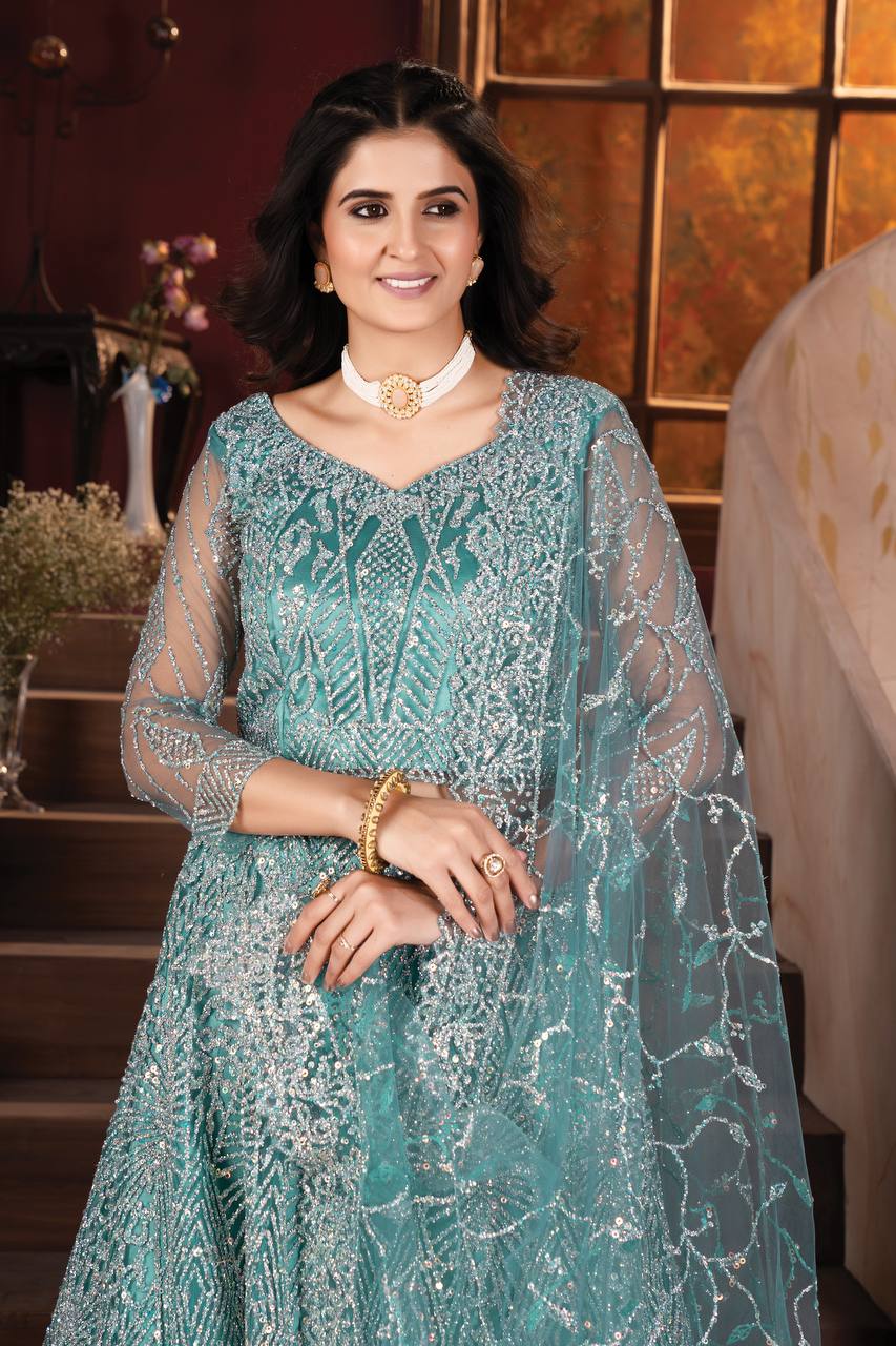 Lehenga Mart Designer Aqua Bollywood Style Bridal Lehenga Choli - Aqua-Blue