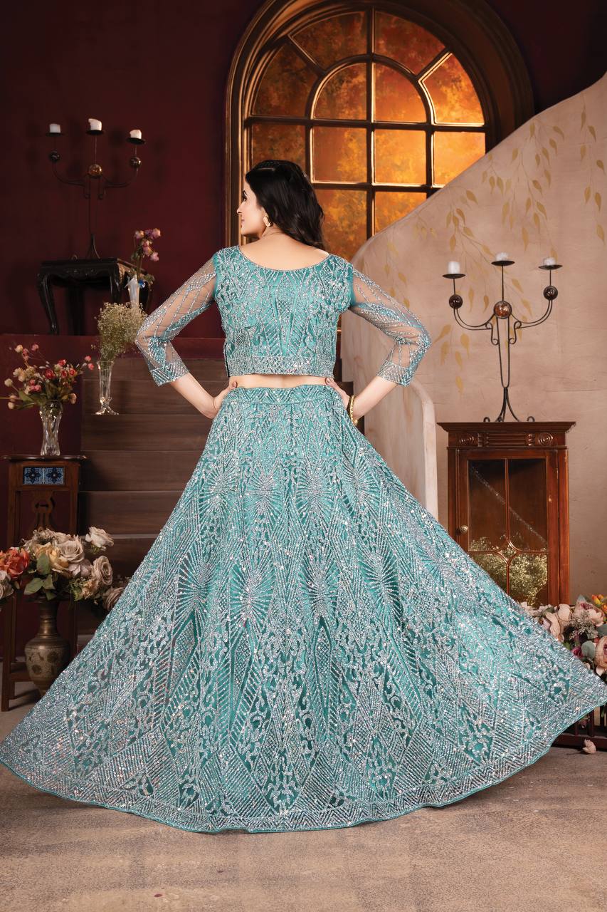 Lehenga Mart Designer Aqua Bollywood Style Bridal Lehenga Choli - Aqua-Blue