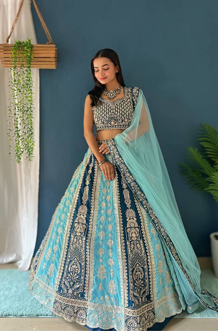 Lehenga Mart Designer Bollywood Style Wedding Wear Lehenga Choli - Aqua-Blue