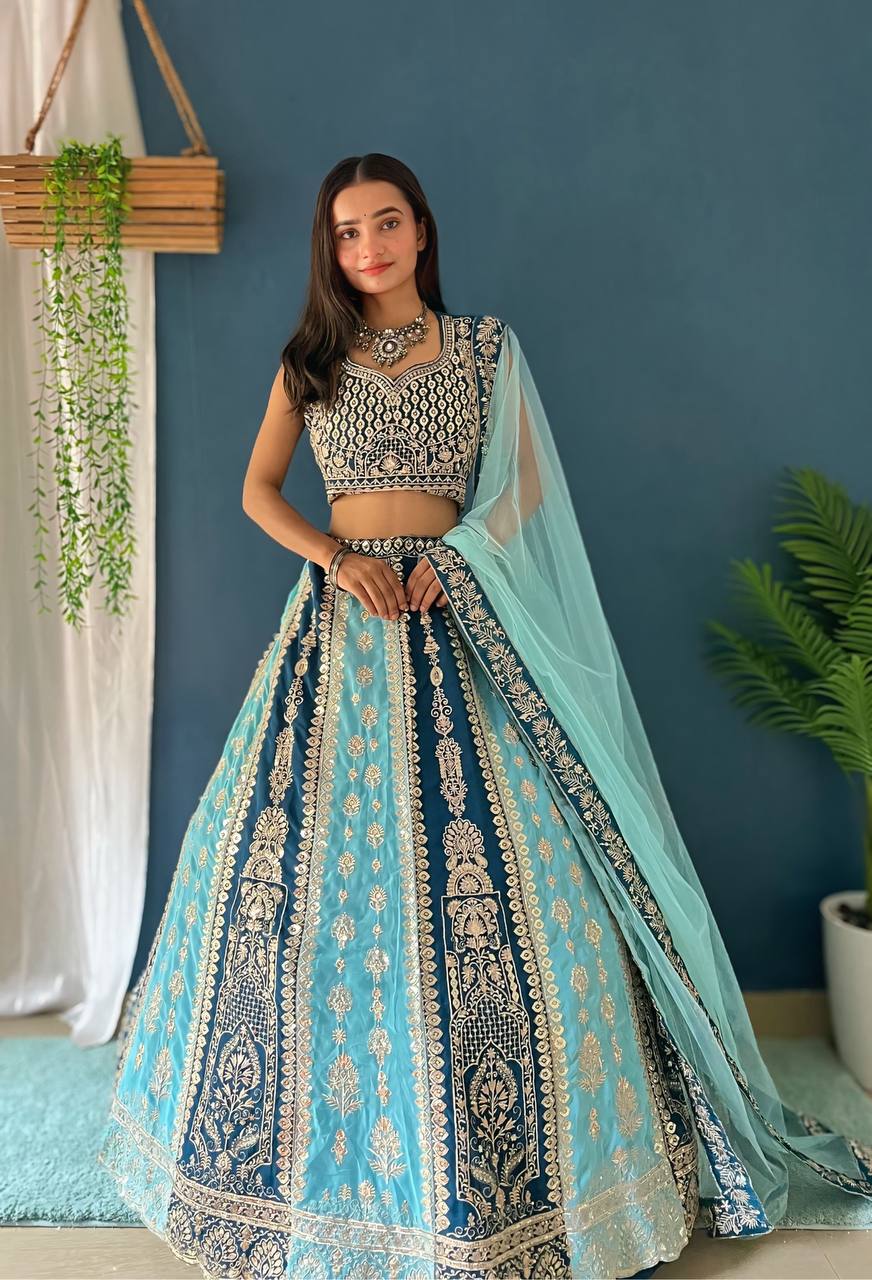 Lehenga Mart Designer Bollywood Style Wedding Wear Lehenga Choli - Aqua-Blue