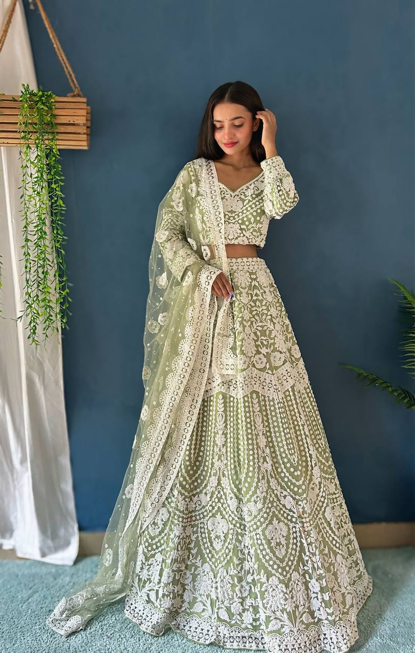 Lehenga Mart Designer Pista Bollywood Style Bridal Lehenga Choli - Light-Green