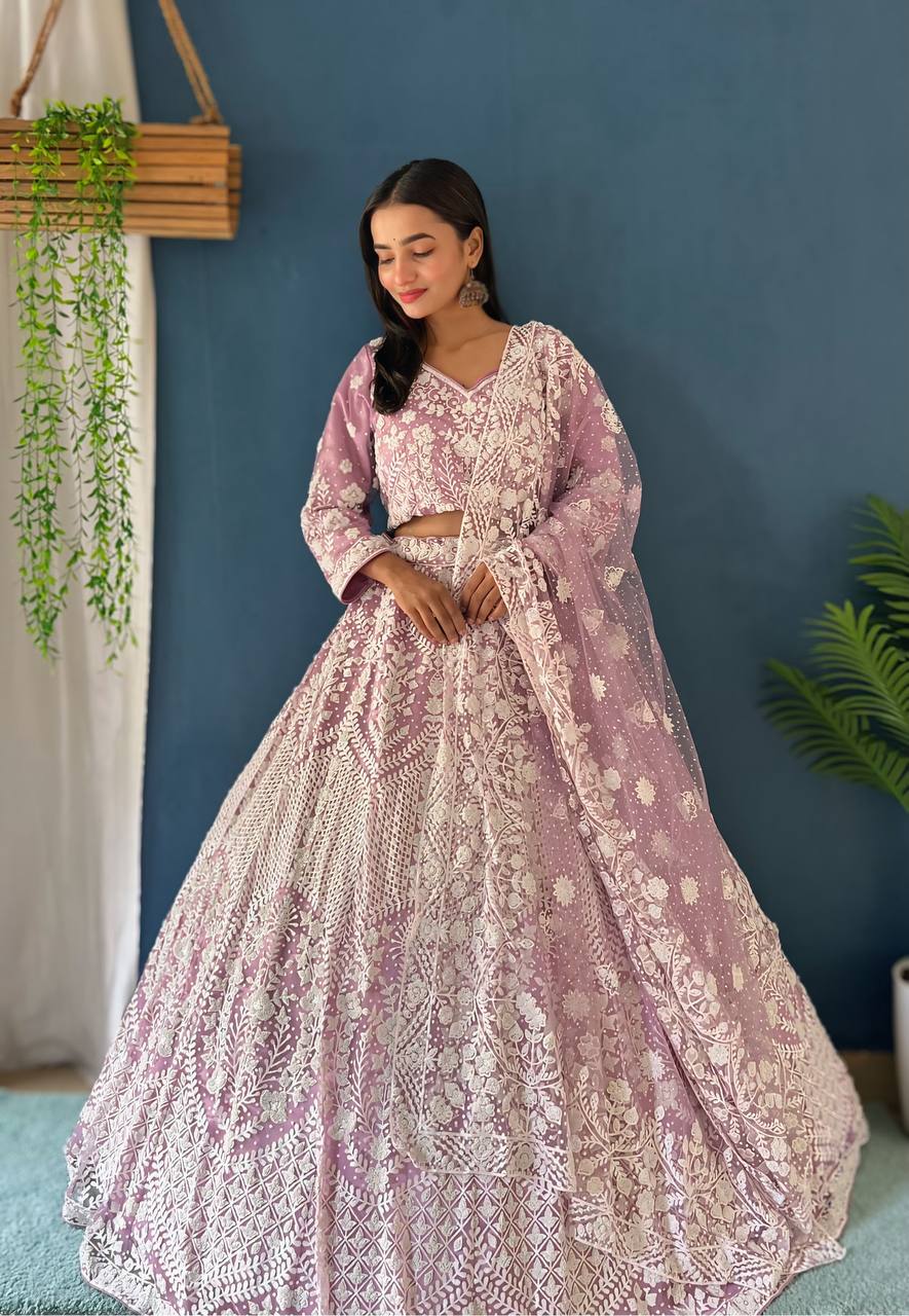 Lehenga Mart Designer Bollywood Style Bridal Lehenga Choli - Light-Purple