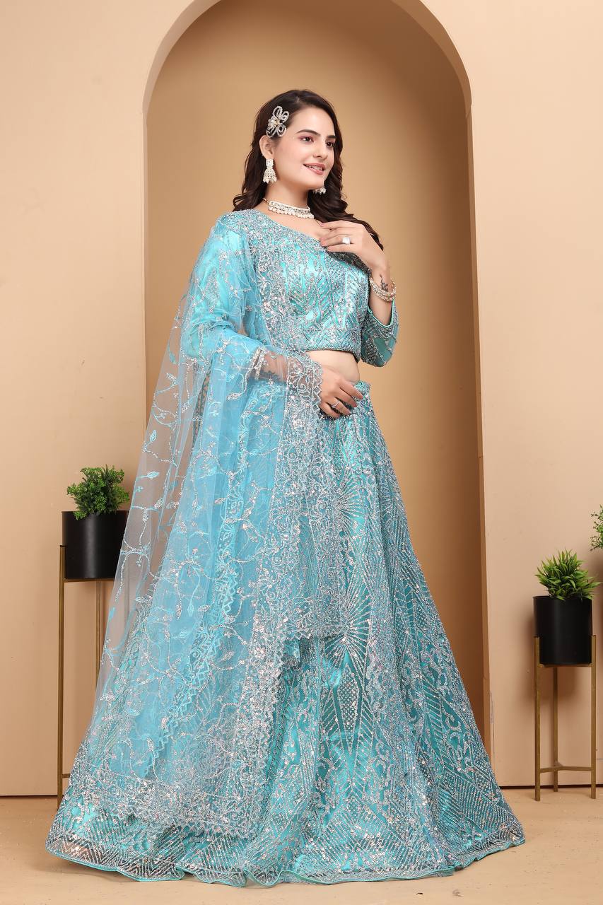 Lehenga Mart Designer Bollywood Style Wedding Wear Lehenga Choli - Aqua-Blue