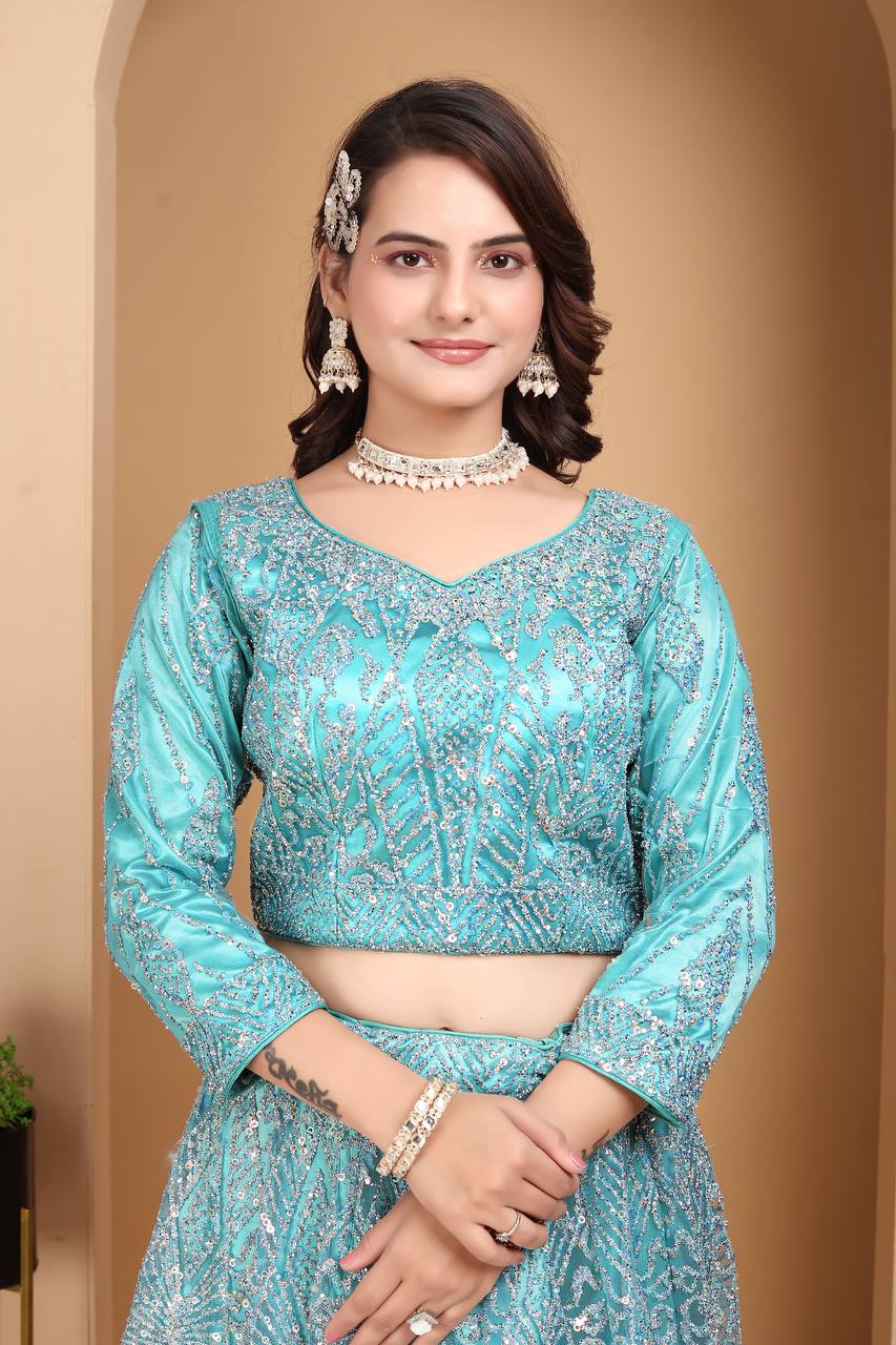 Lehenga Mart Designer Bollywood Style Wedding Wear Lehenga Choli - Aqua-Blue