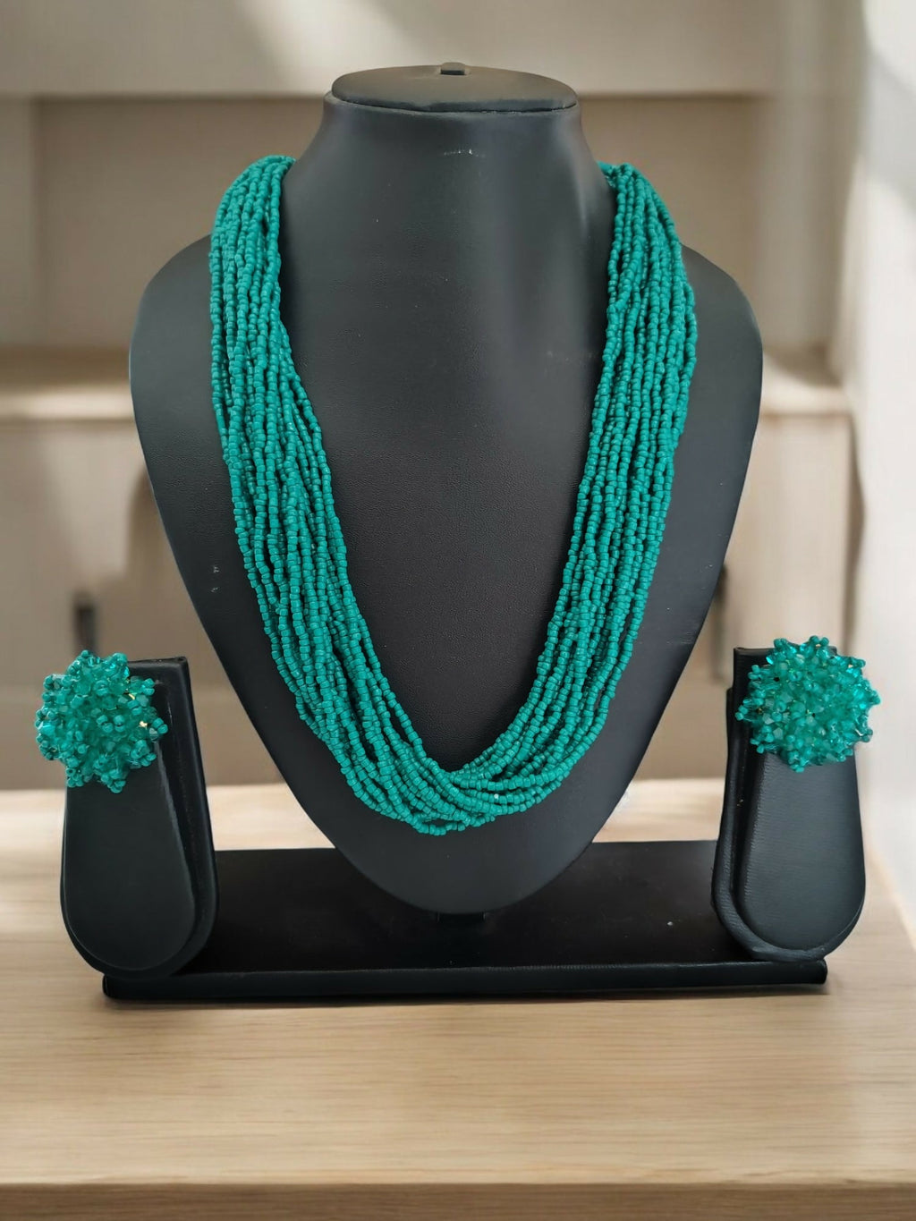 Inhanns Vibrant Handmade 20 Layers Beaded Necklace With Matching Earrings - Sea Green