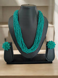 Inhanns Vibrant Handmade 20 Layers Beaded Necklace With Matching Earrings - Sea Green