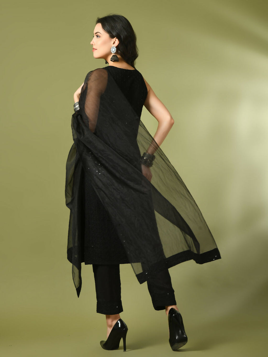 Myshka Women's Black Embroidered Cotton Straight Party Kurta Set With Dupatta