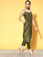 Ahalyaa Women's Olive Colour Poly Silk Gold Printed Kurta Pant Set - Distacart