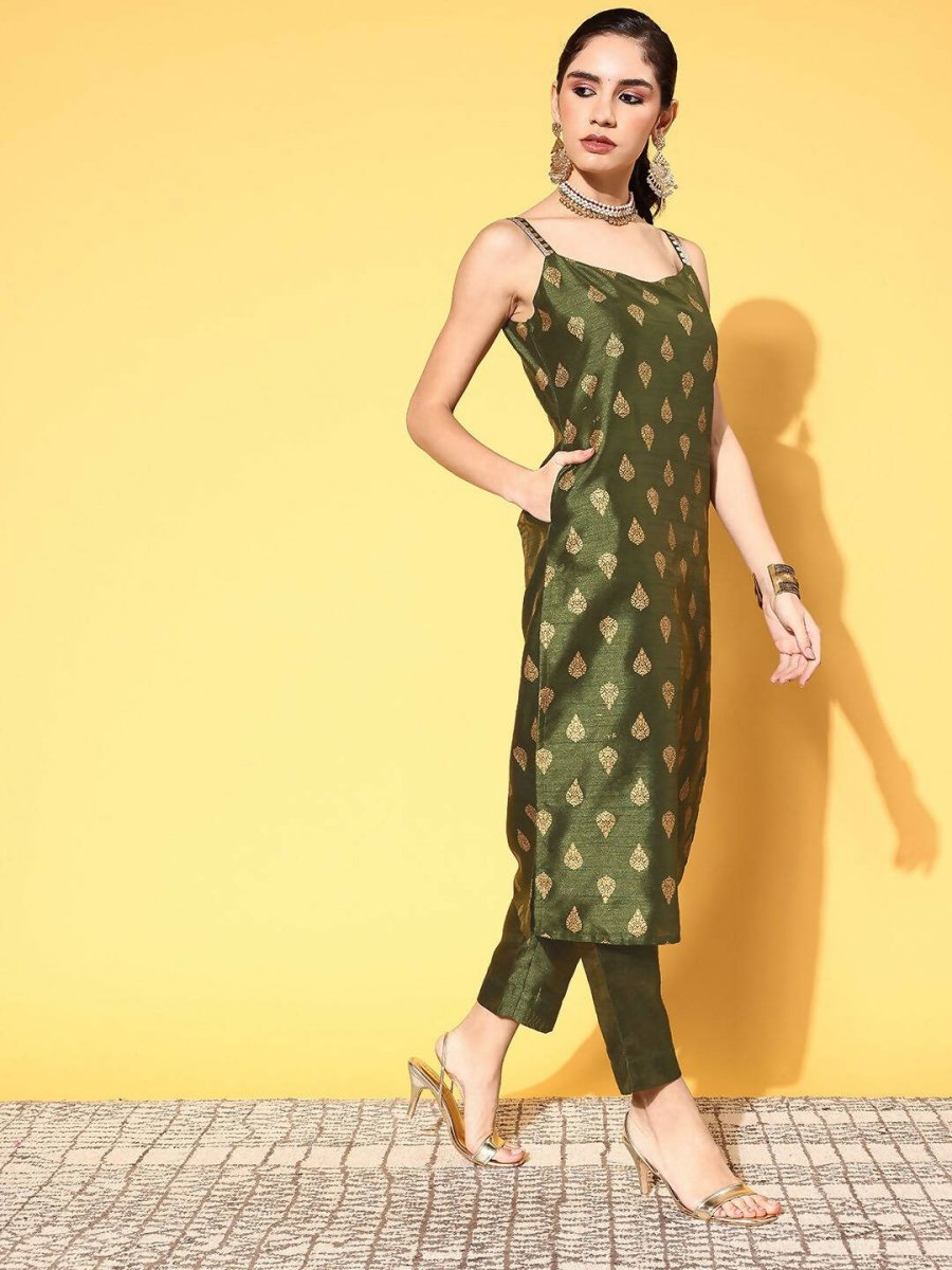 Ahalyaa Women's Olive Colour Poly Silk Gold Printed Kurta Pant Set - Distacart