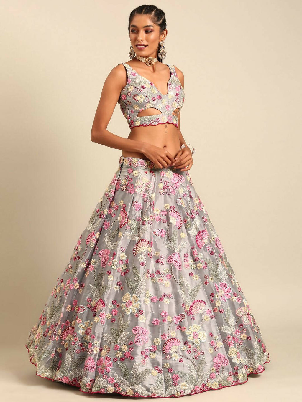 House of Panchhi Grey Organza Sequins and Zarkan embroidery Lehenga choli & Dupatta