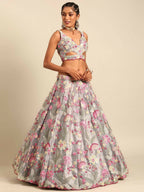 House of Panchhi Grey Organza Sequins and Zarkan embroidery Lehenga choli & Dupatta