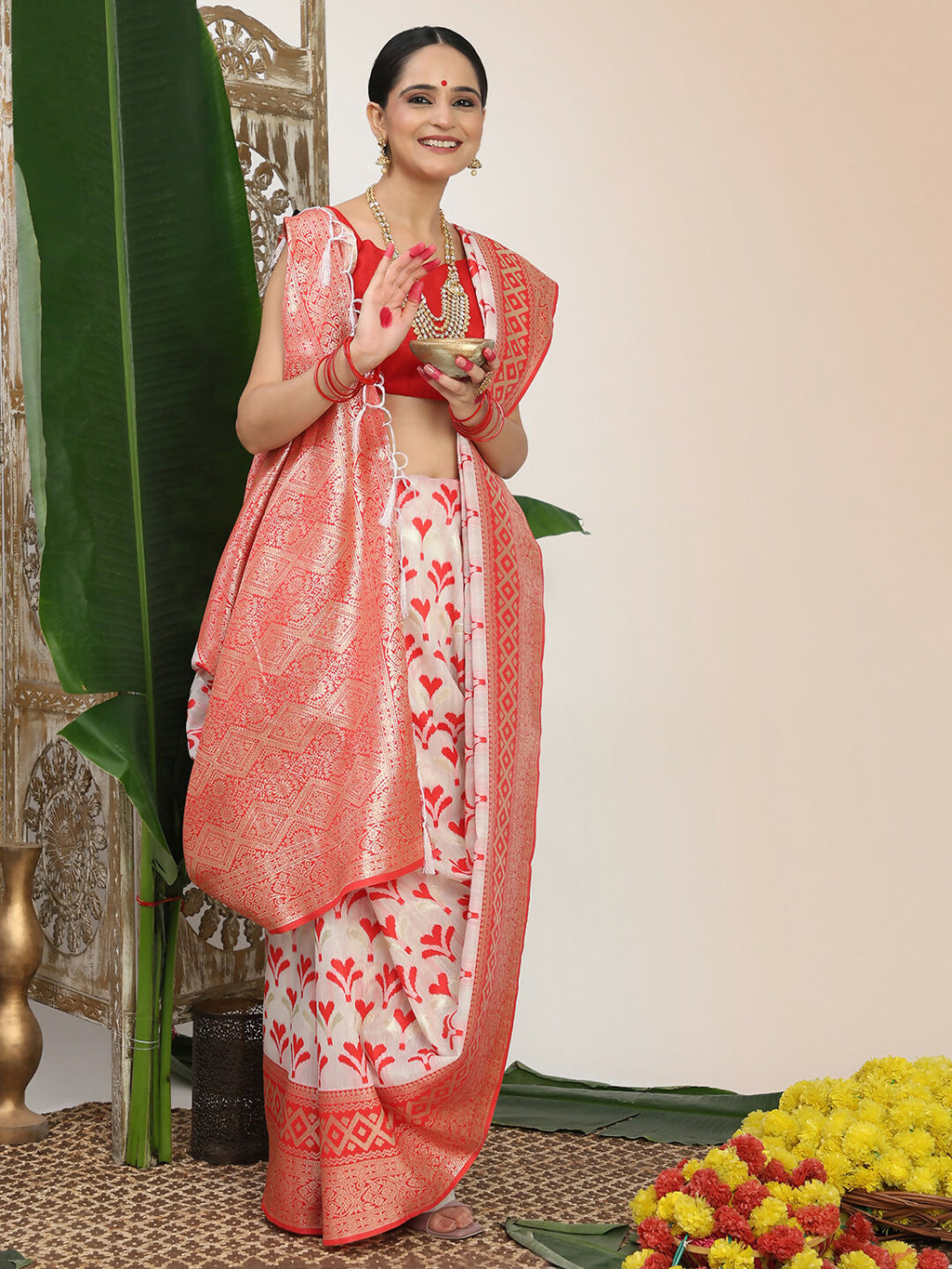 Shree Shyam Fashion Linen Cotton Red & White Saree - Distacart