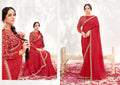 Red Crepe Satin Silk Handwork Saree with Unstitched Blouse - Norita Varya