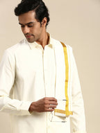 Ramraj Cotton Mens Wedding Cream Regular Dhoti, Shirt & Towel Set Subhakalyan 1/2"