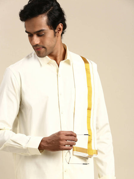 Ramraj Cotton Mens Wedding Cream Regular Dhoti, Shirt & Towel Set Subhakalyan 1/2"