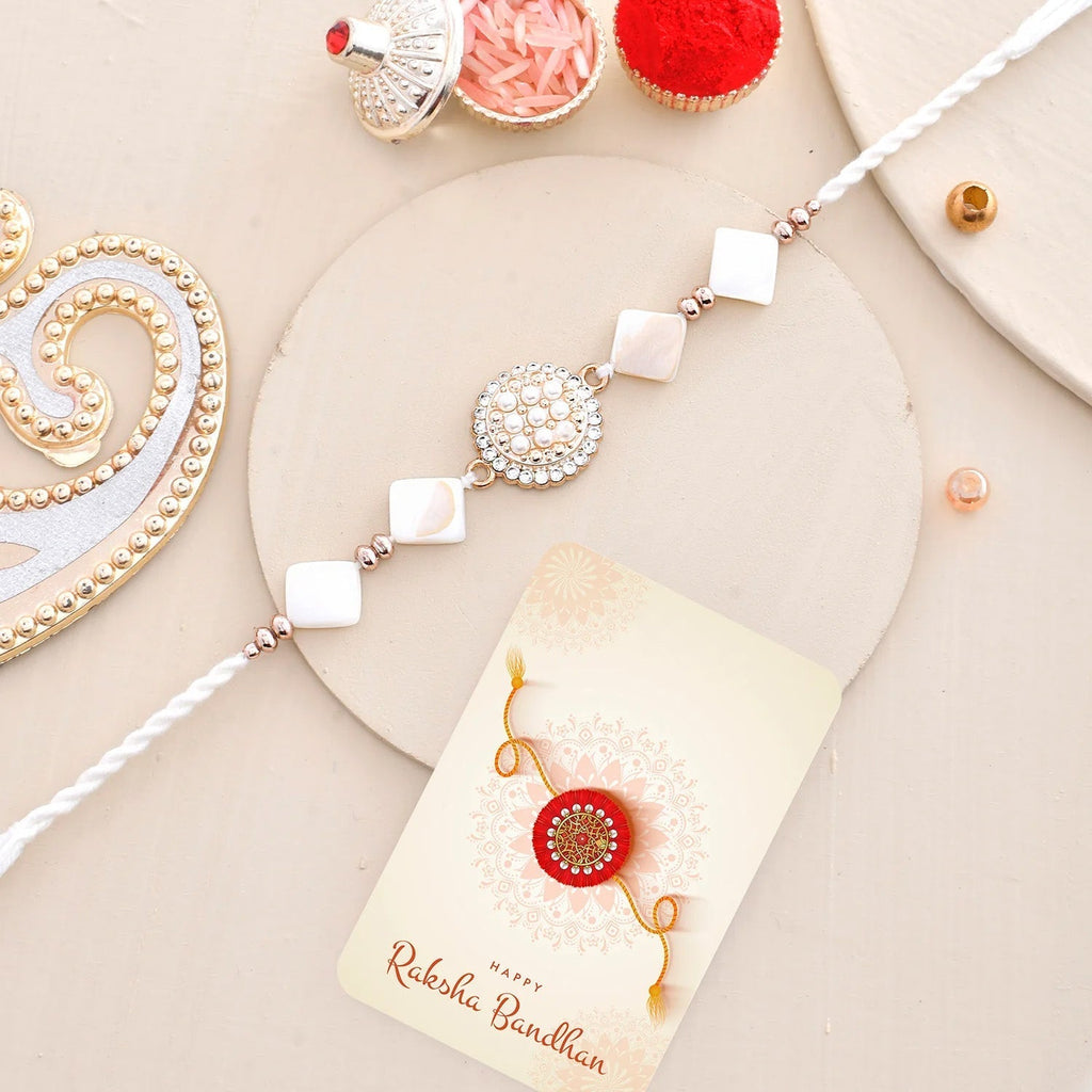 trueBrowns X Voylla White Pearls And Shell Men's Rakhi For Brother - Distacart