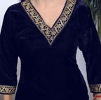 Miravan Women's Blue Velvet Embroidered/Sequence Work Straight Kurta with Palazzo
