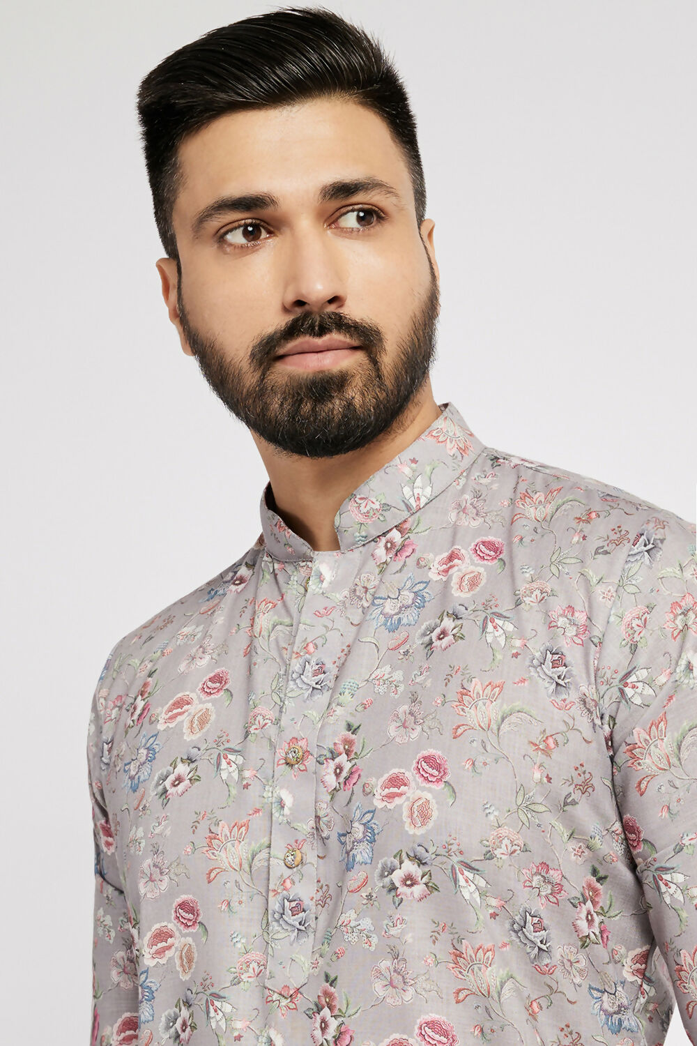 Ethnic India Grey Men's Kurta Floral Polyester