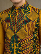 Vastranavya Yellow Exclusive Festival Viscose Silk Thread & Swarovski Embroidered Work Mens Wear Kurta & Koti