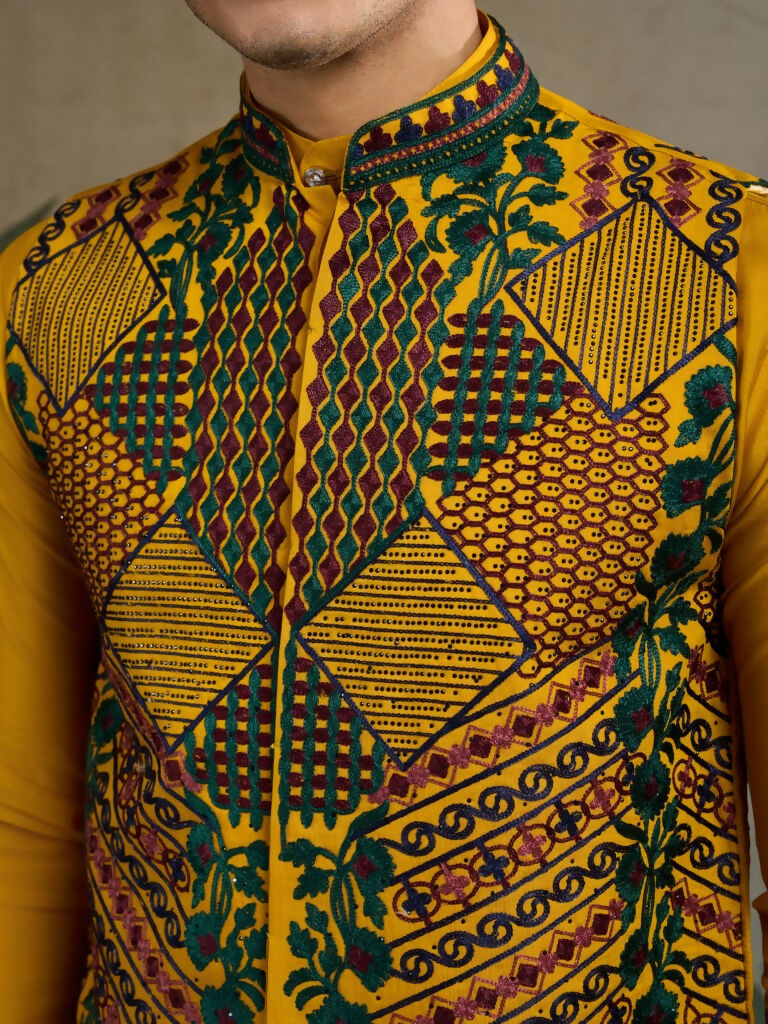Vastranavya Yellow Exclusive Festival Viscose Silk Thread & Swarovski Embroidered Work Mens Wear Kurta & Koti