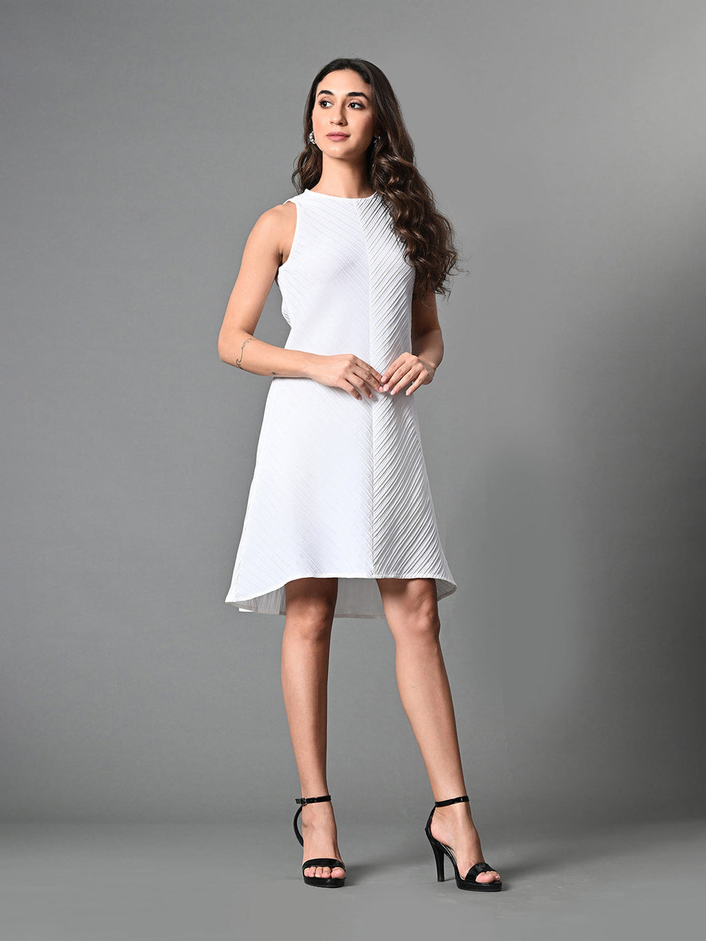 Myshka Women's Round Neck Sleeveless Embellished A-Line Dress in White Color - Distacart