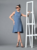 Myshka Women's Round Neck Sleeveless Embellished A-Line Dress in Grey Color - Distacart
