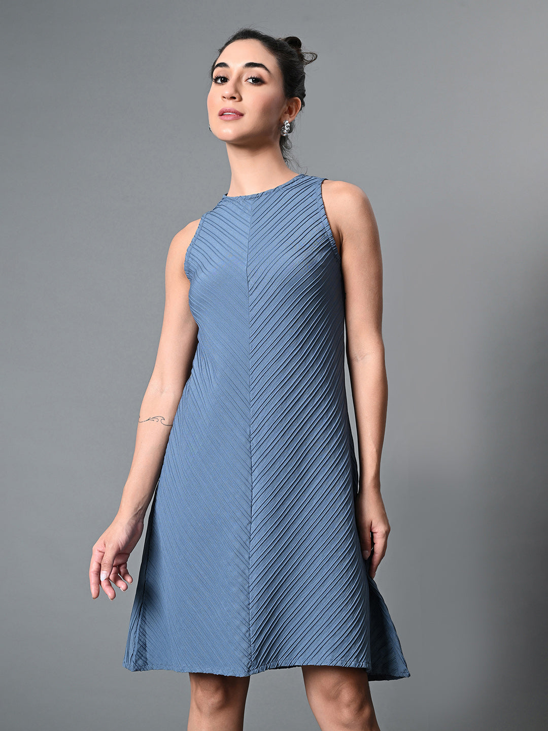 Myshka Women's Round Neck Sleeveless Embellished A-Line Dress in Grey Color - Distacart
