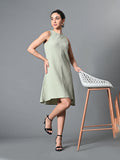 Myshka Women's Round Neck Sleeveless Embellished A-Line Dress in Olive Color - Distacart