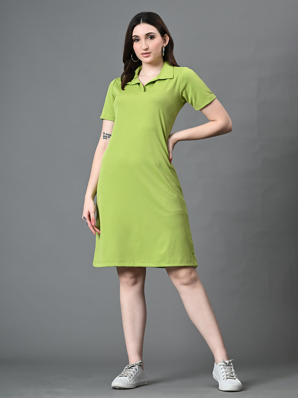 Myshka Women's Collared Neck Short Sleeves Ribbed A-Line Dress in Green Color - Distacart