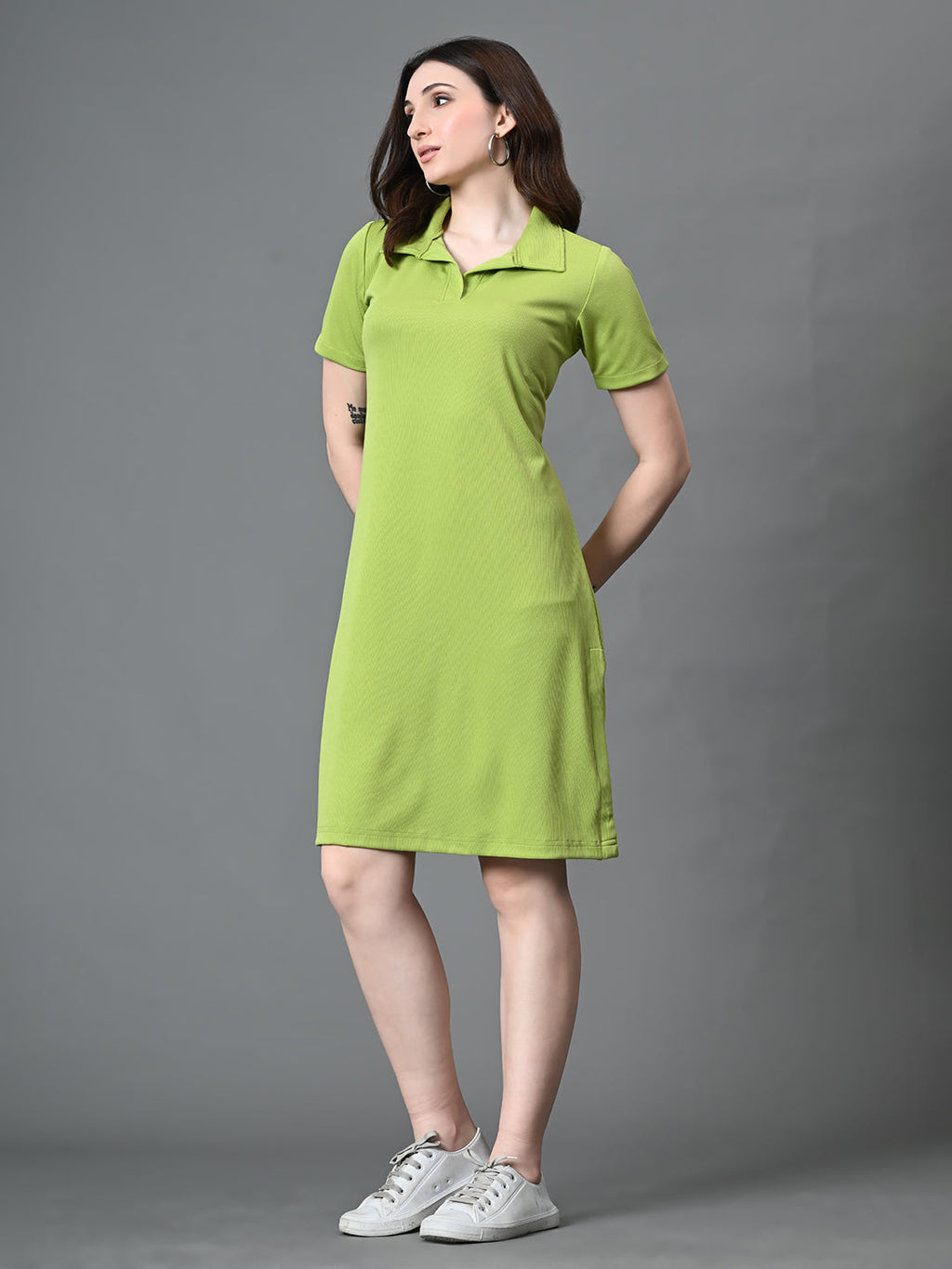 Myshka Women's Collared Neck Short Sleeves Ribbed A-Line Dress in Green Color - Distacart