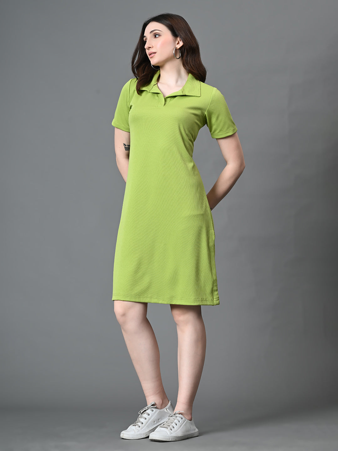 Myshka Women's Collared Neck Short Sleeves Ribbed A-Line Dress in Green Color - Distacart