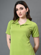 Myshka Women's Collared Neck Short Sleeves Ribbed A-Line Dress in Green Color - Distacart