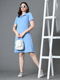 Myshka Women's Collared Neck Short Sleeves Ribbed A-Line Dress in Blue Color - Distacart