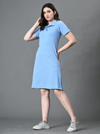 Myshka Women's Collared Neck Short Sleeves Ribbed A-Line Dress in Blue Color - Distacart