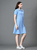 Myshka Women's Collared Neck Short Sleeves Ribbed A-Line Dress in Blue Color - Distacart