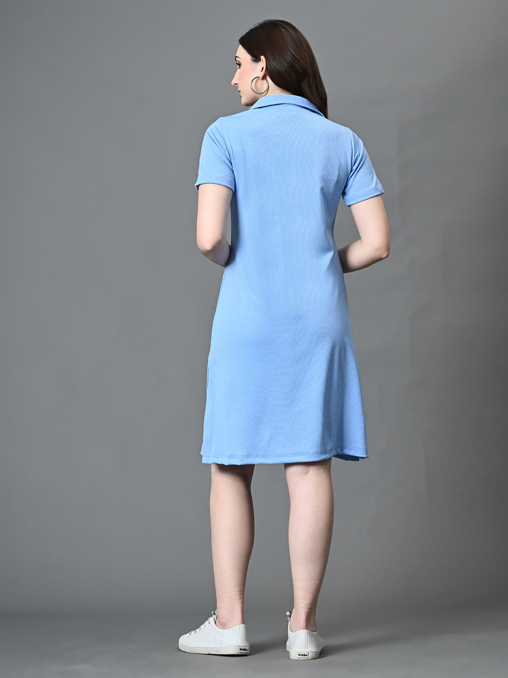 Myshka Women's Collared Neck Short Sleeves Ribbed A-Line Dress in Blue Color - Distacart