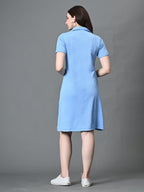 Myshka Women's Collared Neck Short Sleeves Ribbed A-Line Dress in Blue Color - Distacart
