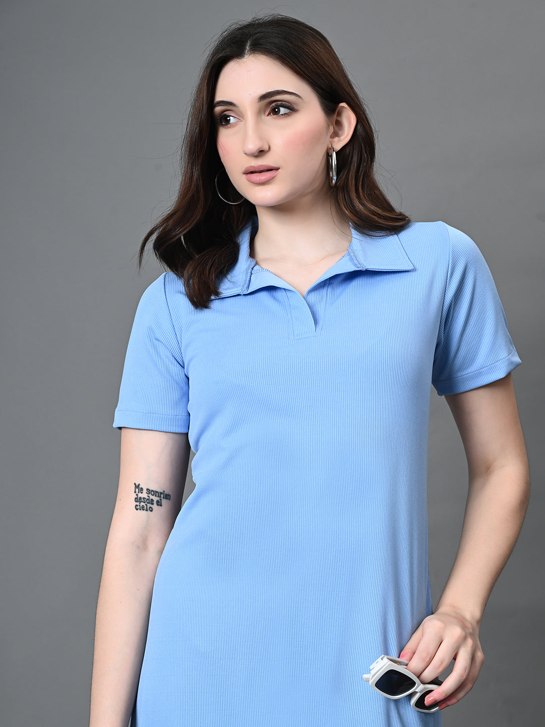 Myshka Women's Collared Neck Short Sleeves Ribbed A-Line Dress in Blue Color - Distacart