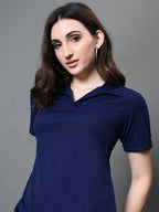 Myshka Women's Collared Neck Short Sleeves Ribbed A-Line Dress in Navy Blue Color - Distacart