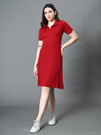 Myshka Women's Collared Neck Short Sleeves Ribbed A-Line Dress in Maroon Color - Distacart